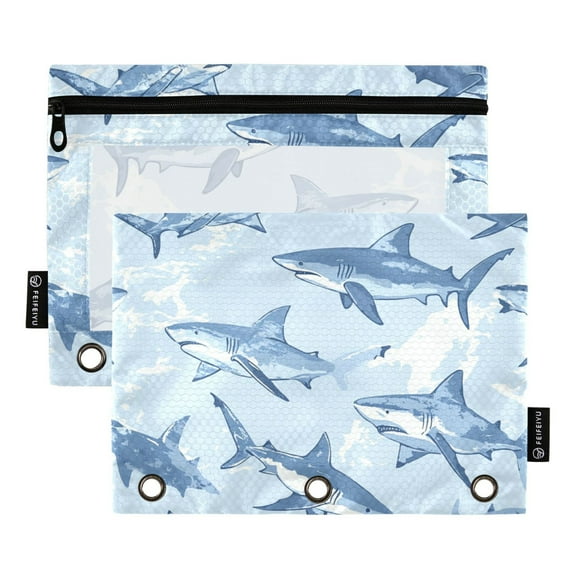 Pencil Pouch for 3 Ring Binder, Binder Pencil Case with Smooth Zipper, Clear Window Pencil Case for Binder, Big Capacity 3 Ring Binder Pencil Bag with 3 Reinforced Grommets. Sharks