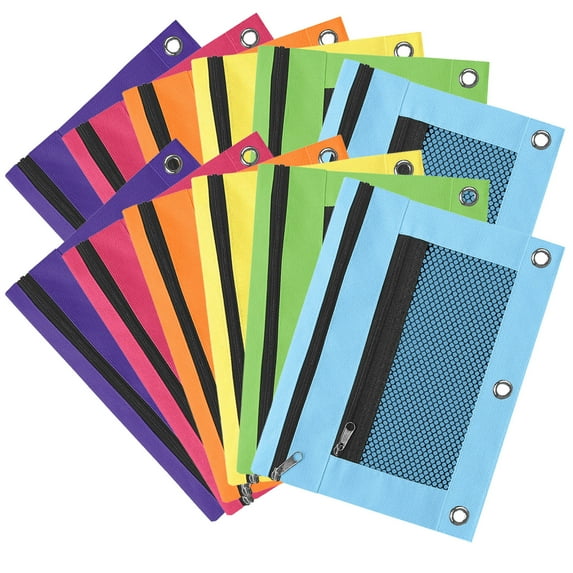 Pencil Pouch for 3 Ring Binder, Bulk 12 Pack 3 Hole Zipper Pencil Pouches with Clear Window, Pencil Bags in Assorted Colors, Sturdy and Durable Cloth Pencil Case for Office Supplies