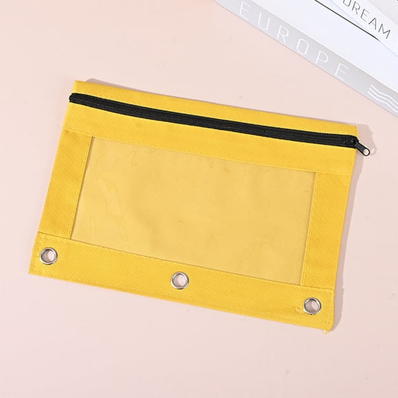 Pencil Pouch for 3 Ring Binder,Bulk 5 Pack 3-Holes Zipper Pencil Pouches in Assorted Colors,Sturdy and Durable Cloth Pencil Case with Clear Window for Office Supplies - Yellow