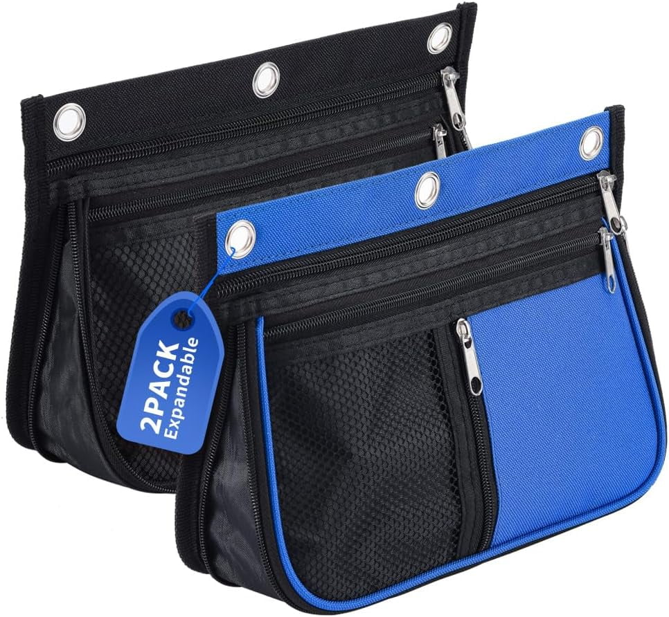 V-Opitos 2 Pack 3-Hole Binder Pencil Pouches – Clear Window Zipper Pencil Cases For School & Office