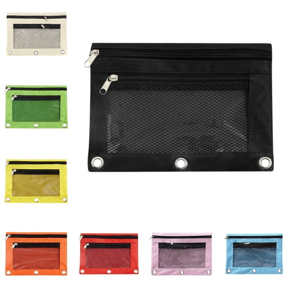 Pencil Pouch, 3-Ring Binder Pencil Case with Mesh Window, 10x7 Inch Dual Zipper Pouch for Class Office Supplies, Black