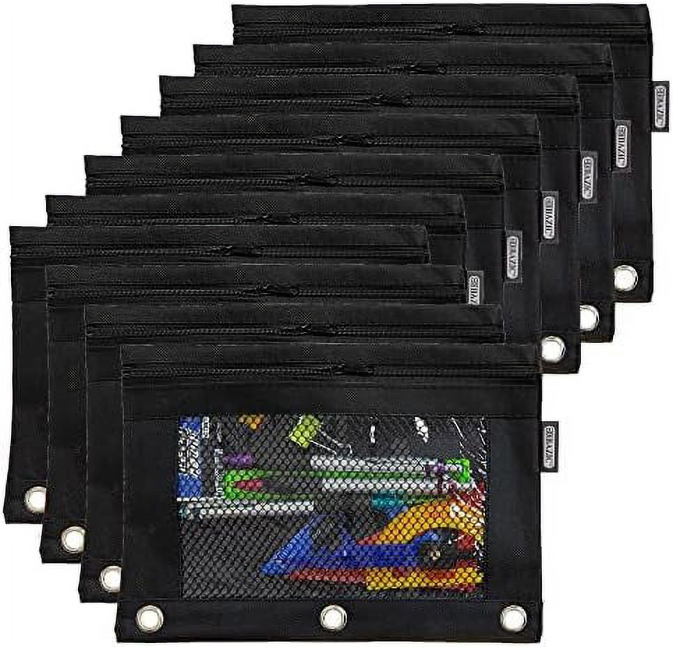 Pencil Pouch 3 Ring Binder Pouch W/Rivet Enforced Rings Hole, Black