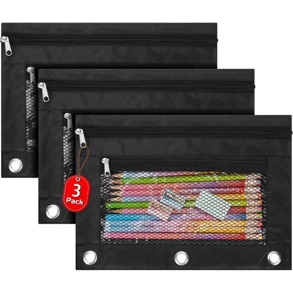 Pencil Pouch 3 Ring, Zipper Pencil Pouches Case Binder Cosmetic Bag Black 3 Pack