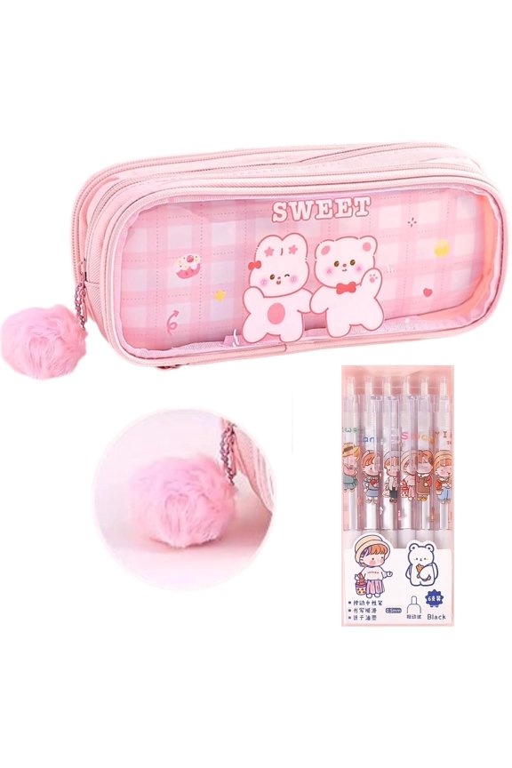 Pencil Pouch Clear 3-Tier Large Capacity Cute Print Animal Easy Clean + 6 Pens & Plush Keychain (Purple)