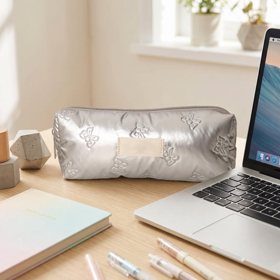 Pencil Pouch, Cute Bow Design Silver Pen Case Makeup Brush Bag Organizer, Multifunctional Zipper Pouch Stationery Storage Bag Holder, Pencil Case for Little Ones Teenagers Home Office Daily Use