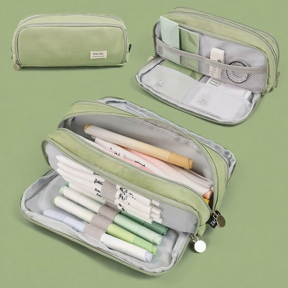 Pencil Pouch Large Capacity Pencil Case, Multifunctional Pen bag Organizer with 3 Compartmens for Office Travel Men Women Adult, 8.66x1.96x3.14in, Green
