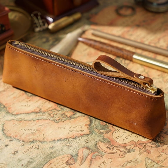 Pencil Pouch,Leather Pouch,Pen Pouch Pencil Bag,8*2*1.6IN Leather Pencil Holder Small Portable Zipper Case for Fountain Pen Markers Makeups(Brown)