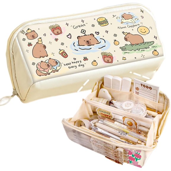 Pencil Pouch Multi-Layer Large Capacity Capybara Print Quirky Fun Cute (Beige-2)