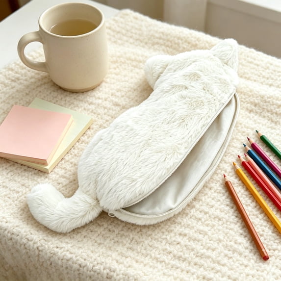 Pencil Pouch Plush Cat Design Soft Faux Fur Pencil Case with 2 Compartments for Office Desk Organization Artist Tool Storage Travel Journal Kit 10.23x5.90x1.57 Inches
