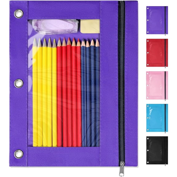 Pencil Pouch for 3 Ring Binder, Bag Binder with Zippers, Purple Case Students Organizer,