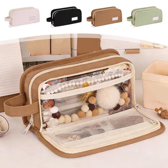 Pencil Case with Zipper Large Capacity Multi-layer Pencil Bag Portable Retro Style Stain Resistance Pencil Pouch