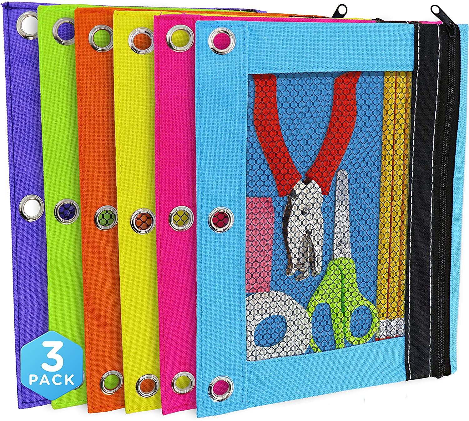 Pencil Pouches with Zipper 3 Ring Grommet Holes and Mesh Pocket Fits 3