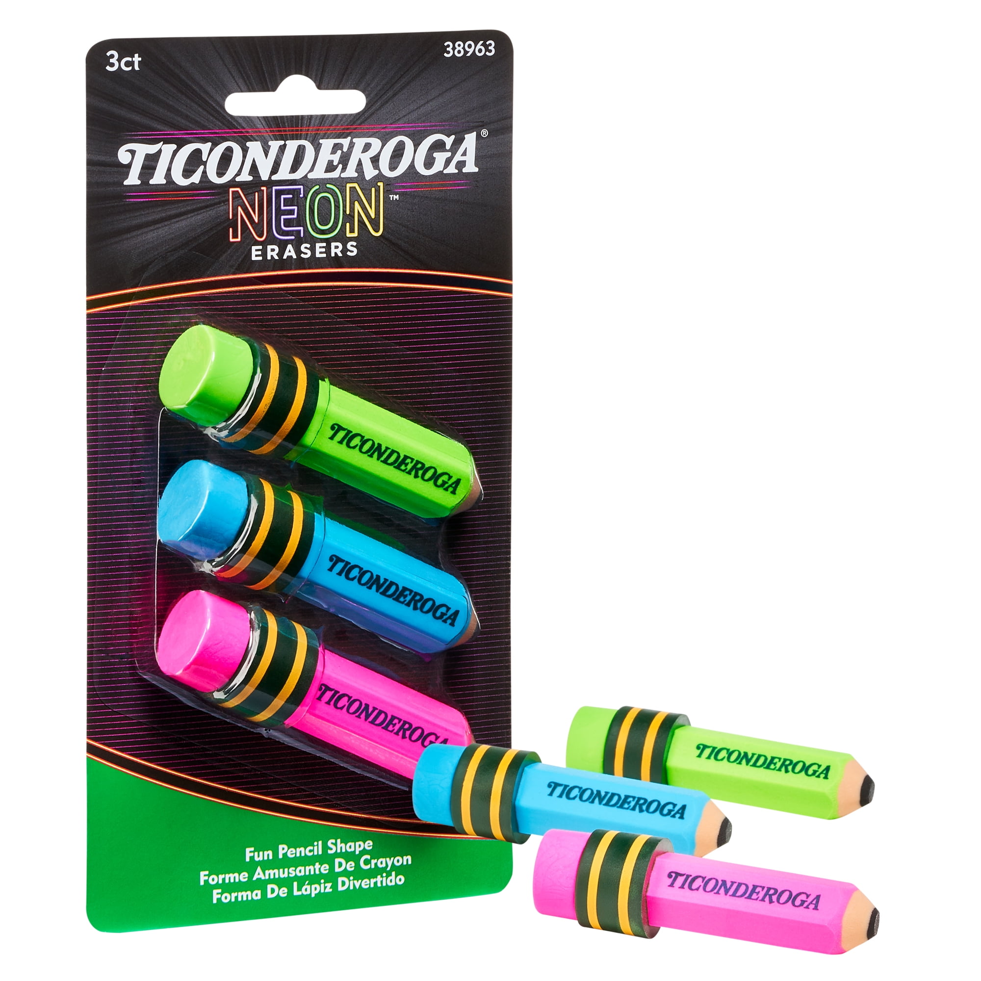 Ticonderoga Pencil Shaped Erasers, Neon Colors, 3 Count