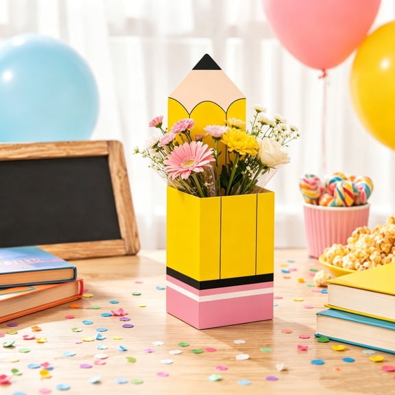 Pencil-Shaped Party Favor Box with classicalcorn & Candy Use, Sturdy Cardboard Construction, Versatile Container, Fun Decoration for School Events & Birthdays, 13x6.7in (Yellow)