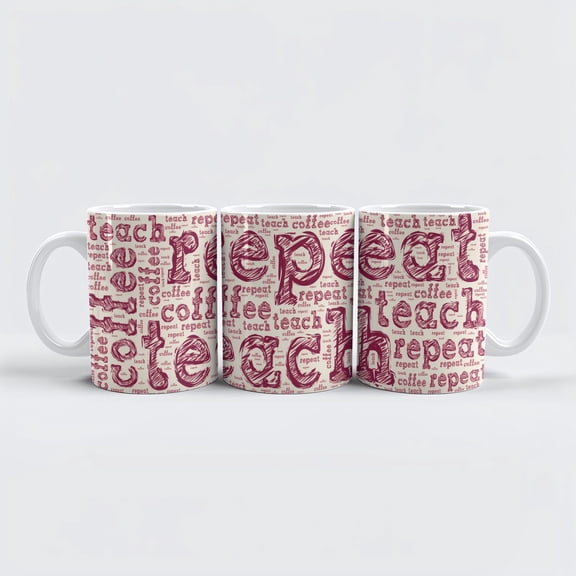 Pencil Sketch Design Teach Repeat Coffee Ceramic Cup, Teachers Life Coffee Mug, New Graduated Teacher Gift Pottery Cup, Teacher Vibes Mug