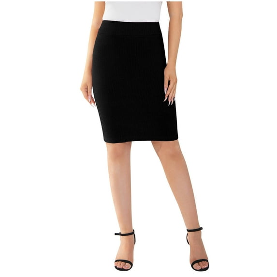 Pencil Skirts for Women High Waisted Knee Length Midi Bodycon Skirts Pull on Knit Business Work Casual Skirt Black M