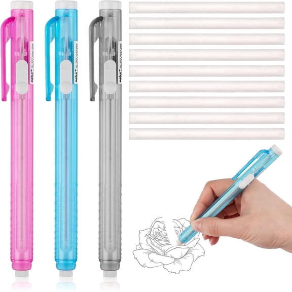 Pencil Style Eraser Pen Set, 3 Retractable Erasers + 9 Refill Erasers, Refillable Precision Eraser for Pencils Drawing, Learning, Office