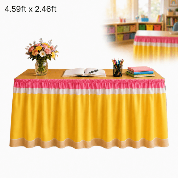 Pencil Table Skirt for Classroom, Rectangular Desk Cover with Ruffle Edge, Hook-and-Loop Fastener for Easy Setup, Versatile Sizes for School & Office Decor(4.59ft x 2.46ft)