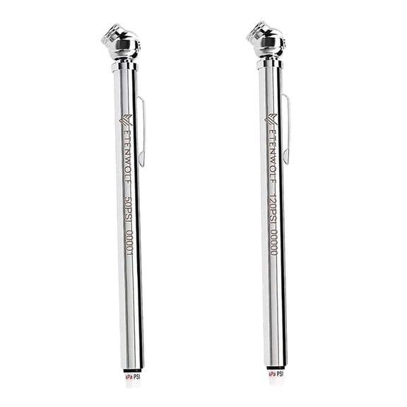 Pencil Tire Pressure Gauge 2 Pack (10-50PSI, 20-120PSI) with 16 Tire Caps Calibrated to ANSI B40.1 Grade B, for Cars, RVs, Bicycles