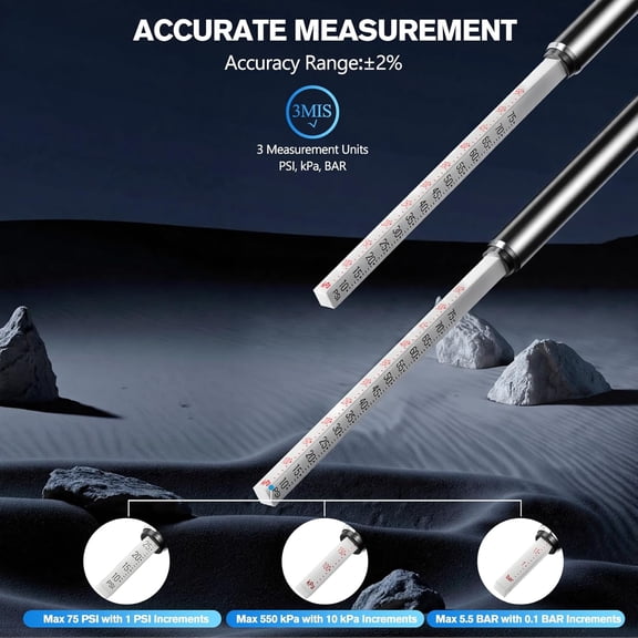 Pencil Tire Pressure Gauge 2 Pack, 10-75PSI Air with Caps, Stainless Steel Body, 3 Measurements (2% Span) for Cars, RVs, Bicycles