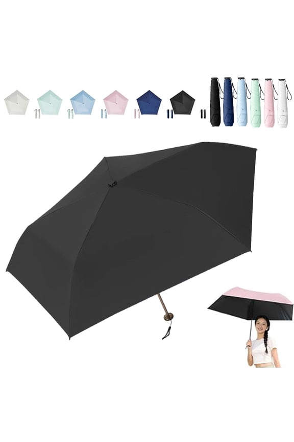 Pencil Umbrella, Ultra Light Compact Folding Travel Umbrella with UPF 50+ Sun Protection, Pocket Parasol for Rain and Sun, Fits Handbag and Backpack,Black