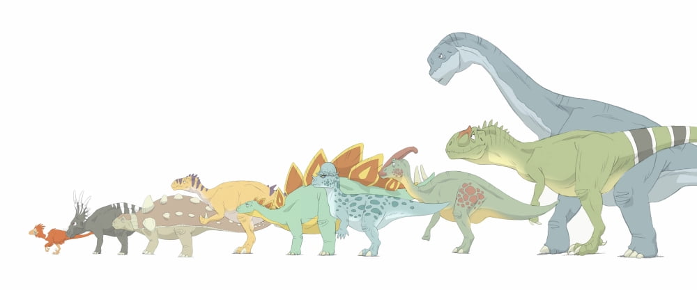 Pencil drawing illustrating various dinosaurs and their comparative sizes Canvas Art - Alice TurnerStocktrek Images (44 x 19)