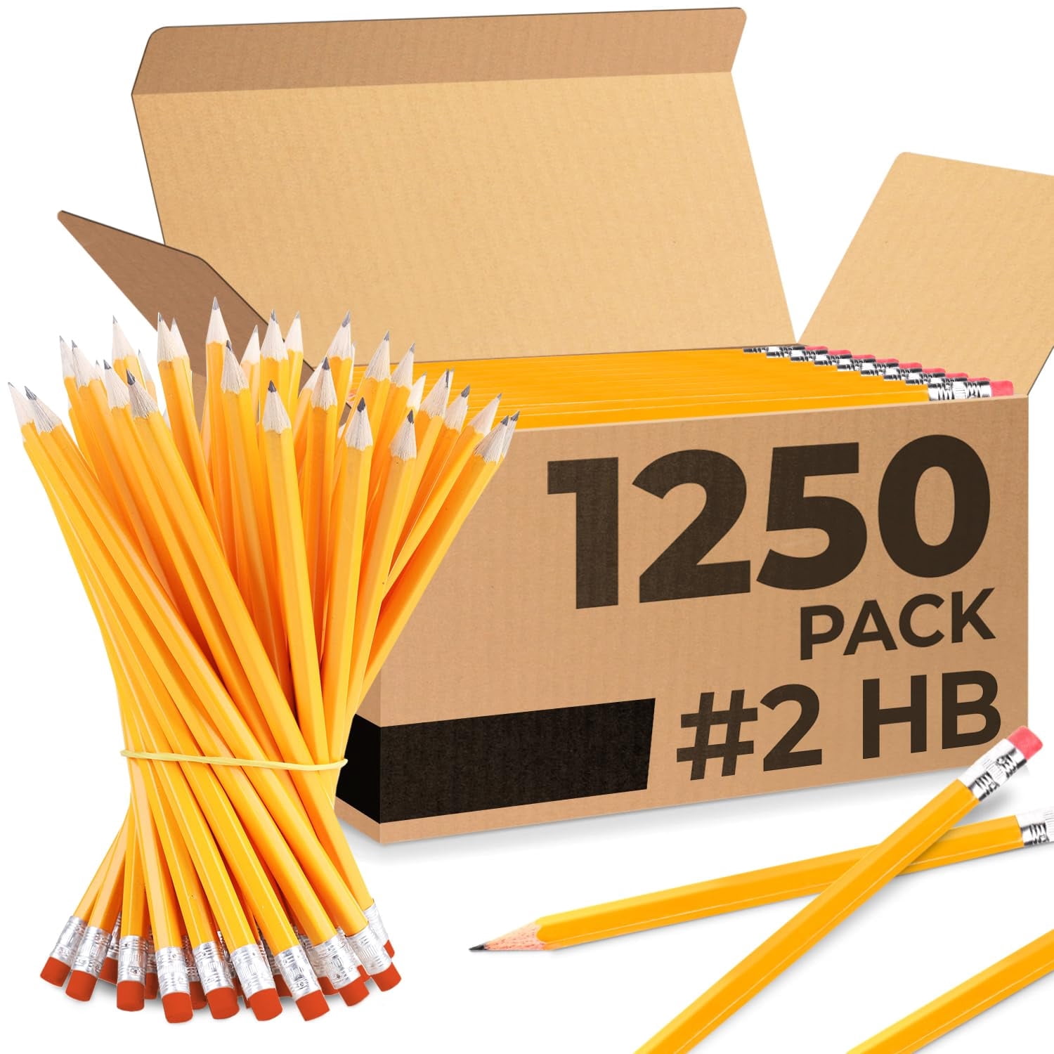 Rosmonde Pencils Bulk, 1250 Pack, Pre-Sharpened #2 HB Yellow Pencils, Easy Grip, Top Erasers, Smooth Writing, Bulk Set for School, Classroom & Office Supplies, Back to School Use