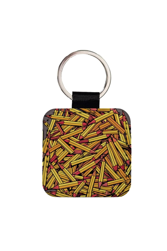Pencils Piles School Teacher Pattern Faux Leather Square Keychain