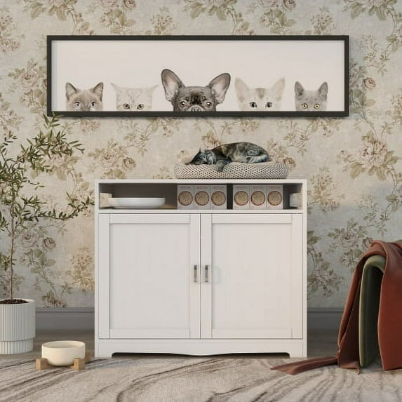 Penck Litter Box Enclosure, Cat Litter Box Furniture with Hidden Plug, 2 Doors,Indoor Cat Washroom Storage Bench Side Table Cat House, Large Wooden Enclused Litter Box House, White