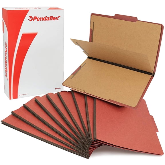 Pendaflex Classification File Folders 3 Dividers 2" Embedded Fasteners Legal Size Red Pack of 10
