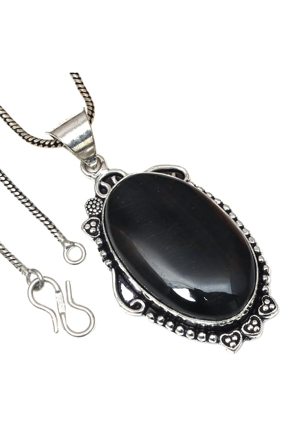 Pendant Black Tiger's Eye Gemstone Valentine'Day Ethnic Silver Jewelry 1.5"