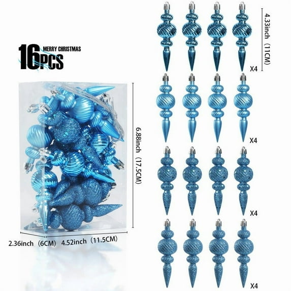 Pendant Blue 4" Finial Drop Christmas Ornaments 16Pcs Hanging Tree Decorations for Holiday Home JASKFLY