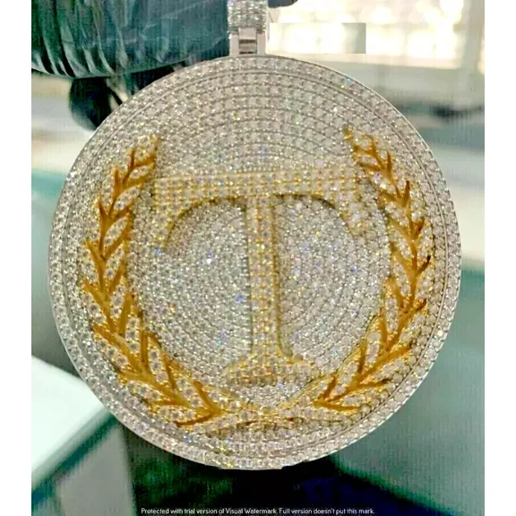 Pendant Customize Men's Moussanite 3Ct Round "T" Letter 14K Plated Yellow Gold