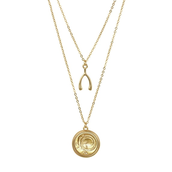 Pendant Irish Half Penny Coin Necklace- Double Strand 18&16 Inch Cable Chain- Goldtone Bezel- Ornamental Bird Reverse Side