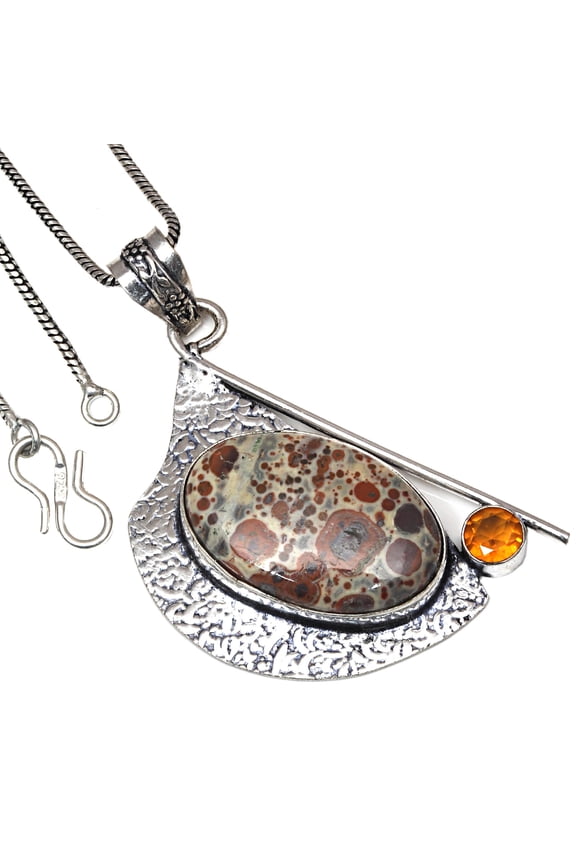 Pendant Leopard Skin Jasper Citrine Quartz Gemstone Silver Jewelry 2.25"