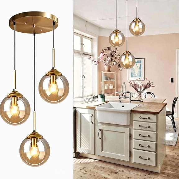 3-Light Glass Globe Pendant Light, Brass-Finish Cluster Hanging Lamp for Kitchen Island and Dining Room