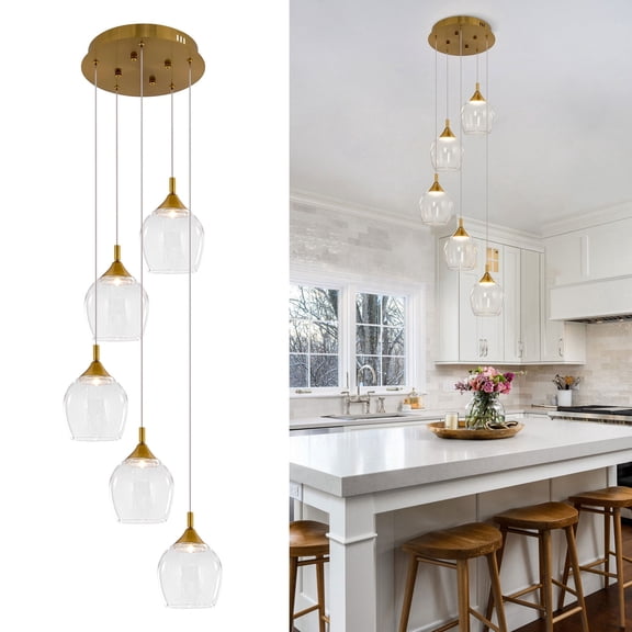 Pendant Light 5-Light Cluster Dimmable LED, Modern Clear Glass Ceiling Fixture for Kitchen Room, Restaurant