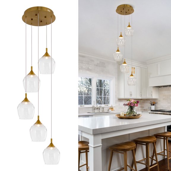 Pendant Light 5-Light Cluster Dimmable LED, Modern Clear Glass Ceiling Fixture for Kitchen Room, Restaurant