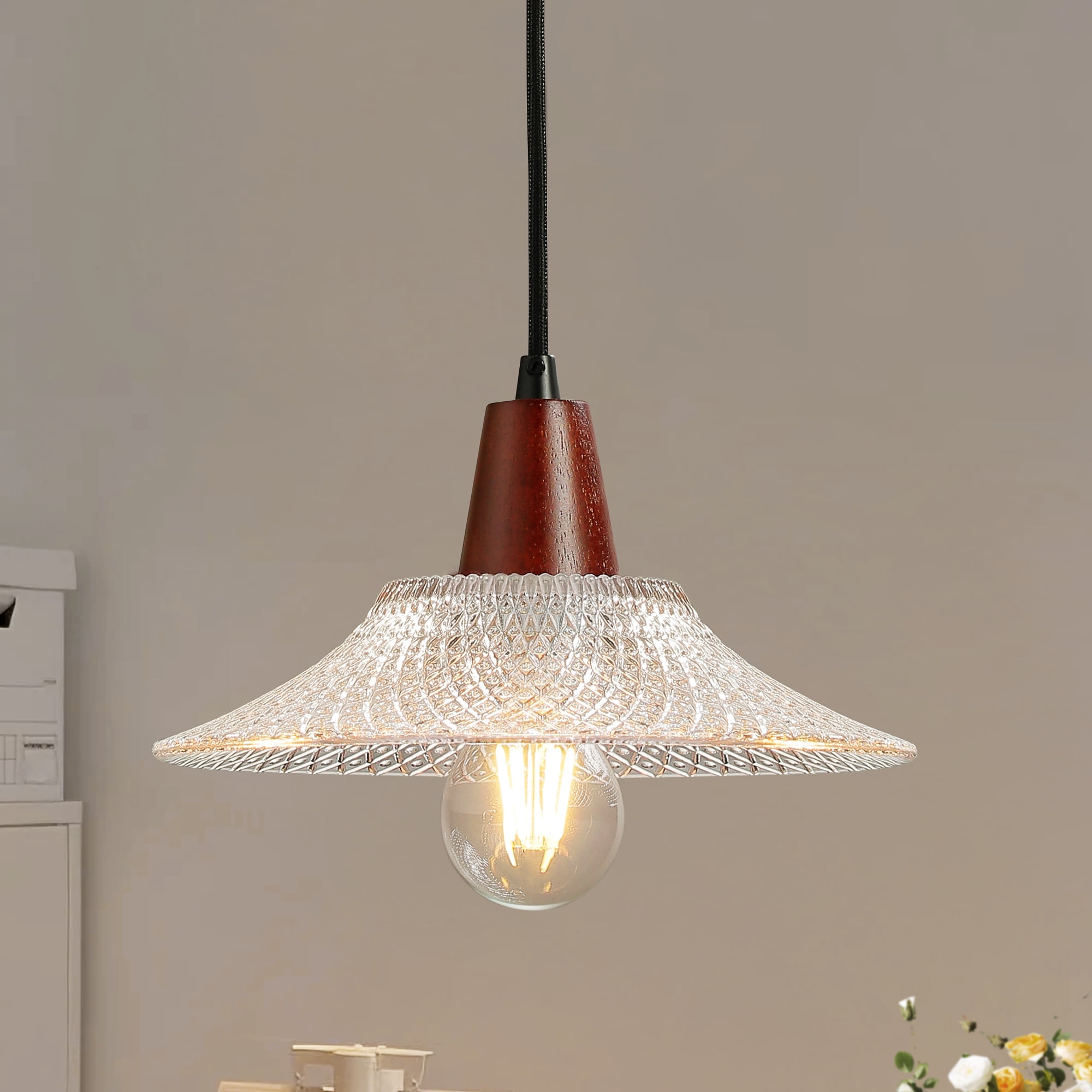 Pendant Light with Clear Striped Glass Lampshade, Modern Farmhouse Pendant Light Fixture, Hanging Island Light for Dining Room Living Room Hallway(Bulb Not Included) Pendant Light