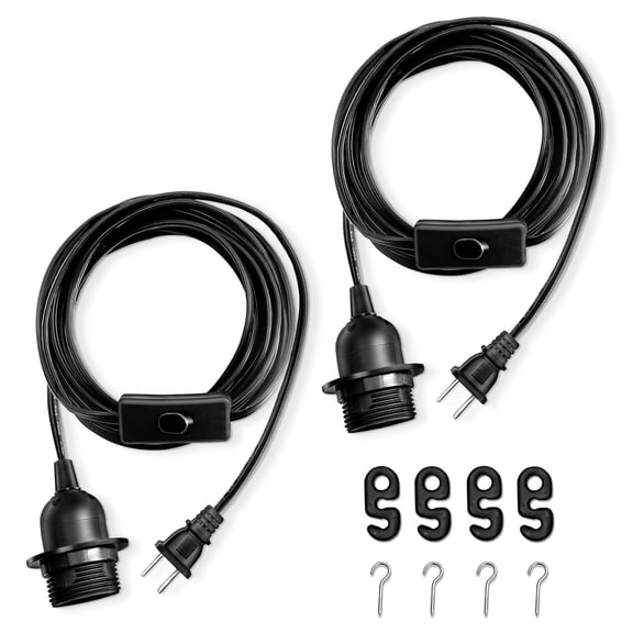 Pendant Light Cord - 15 Feet Hanging Light Bulb with Plug in Cord - 2 Pack Lamp Cord E26 Light Socket with Wire Black Extension Chandelier Lantern Cable with On/Off Switch (No Bulb Included)