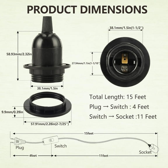 Pendant Light Cord - 15 Feet Hanging Light Bulb with Plug in Cord - 2 Pack Lamp Cord E26 Light Socket with Wire Black Extension Chandelier Lantern Cable with On/Off Switch (No Bulb Included)