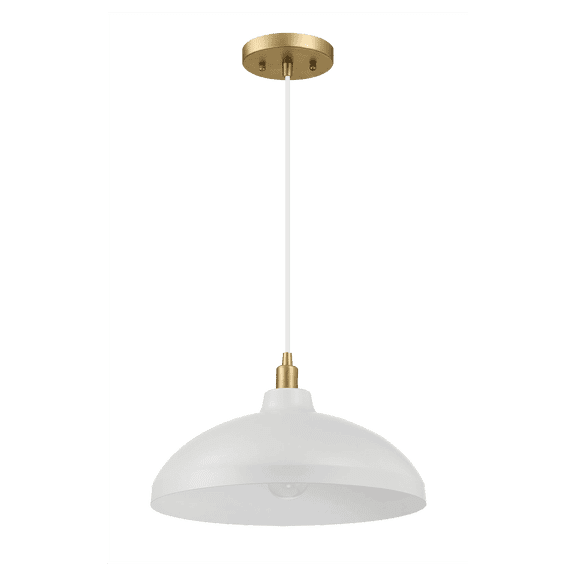 Pendant Light Fixture, 14 Inch White & Gold Brass Pendant Lamp for Kitchen Island, Entryway, Dining Room - Single Light Ceiling Hanging Lamp