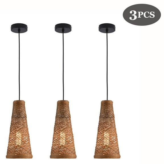 Pendant Light Fixture, Modern 3 PCs Rattan Kitchen Island Light, Ceiling Hanging Lights, Pendant Lights for Kitchen, Nulty Bohemian Pendant Handwoven Lighting Coastal Style
