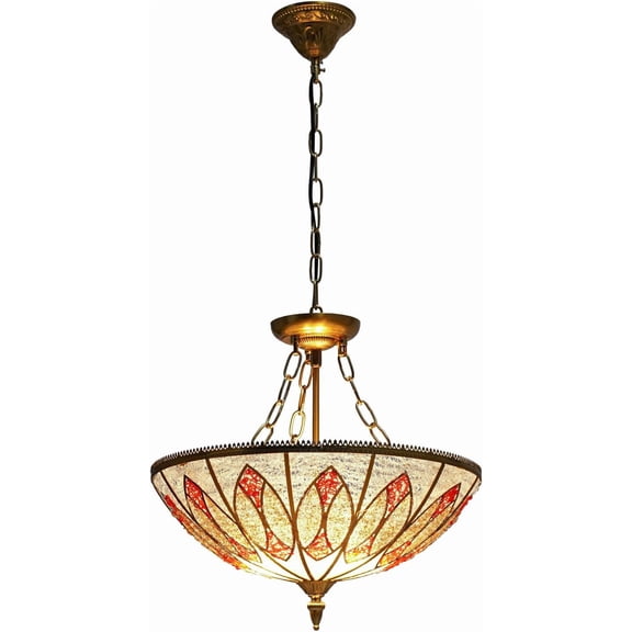 Pendant Light Fixtures, 18 inches Wide 3 Light Stained Glass Inverted Ceiling Pendant Hanging Lamp Antique Style for Dining Living Room Kitchen Island Entryway