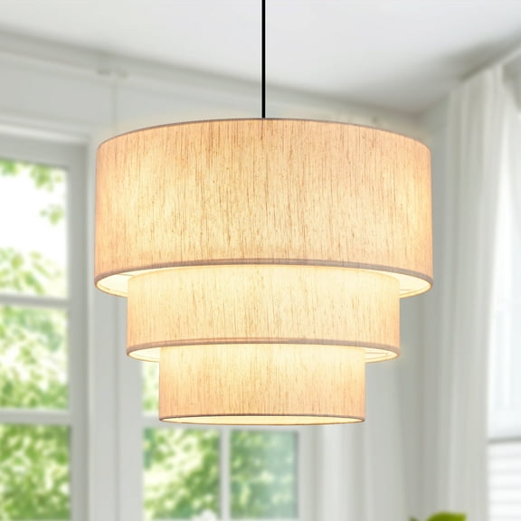Lzawvm Drum Chandeliers for Dining Room 3-Tier Linen Fabric Pendant Lights Large Modern Island Lights for kitchen Island Living Room Bedroom Black