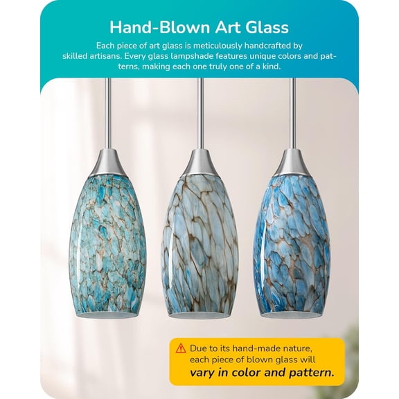 Pendant Light, Hand Blown Hanging Light Fixture, Adjustable Brushed Nickel Rods, 5.12" D x 11.4" H Shade, Blue Glass Pendant Lighting for Kitchen Island, Sink, Bathroom, Dining Room