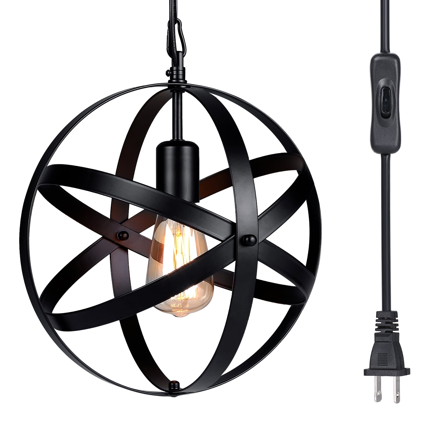 Black Industrial Plug-in Globe Pendant Light with Iron Shade