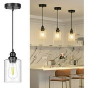Pendant Lighting 3-Pack Ceiling Lights Hanging Cord Lamp Black Pendant Lights Fixtures for Kitchen Island Dining Room with Glass Shade, Without Bulbs
