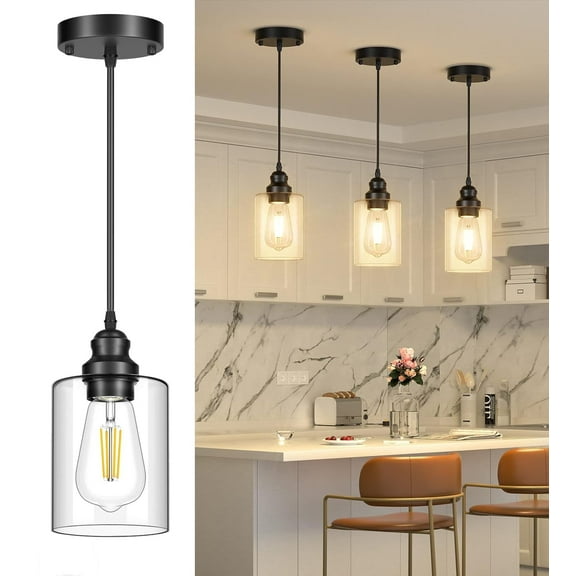 Farmhouse Pendant Lighting 3-Pack Ceiling Lights Hanging Lamp Black Pendant Lights Fixtures for Kitchen Island Dining Room with Glass Shape
