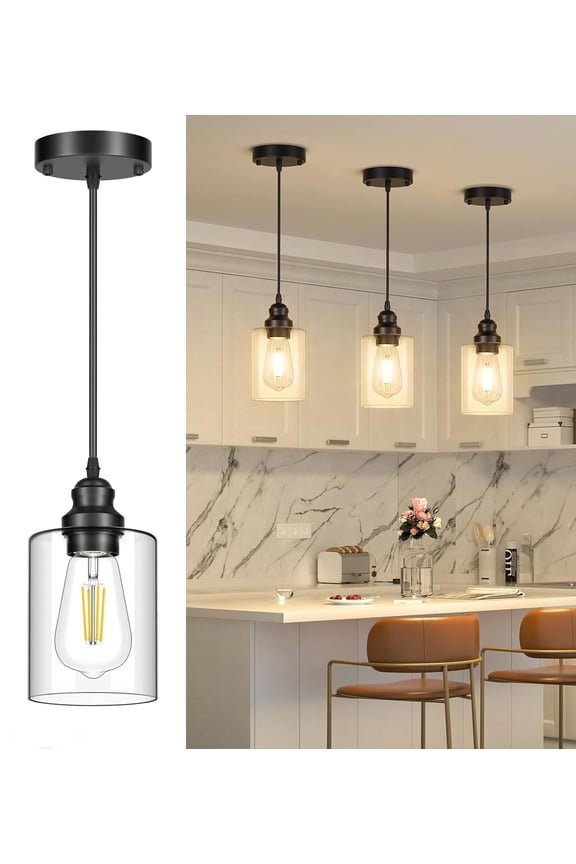 Farmhouse Pendant Lighting 3-Pack Ceiling Lights Hanging Lamp Black Pendant Lights Fixtures for Kitchen Island Dining Room with Glass Shape